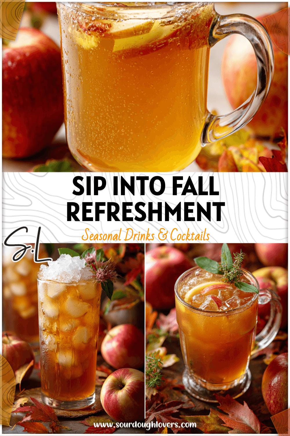 Iced glass mug filled with golden apple cider tea surrounded by apples and fall leaves for an Iced Fall Drink. 2026
